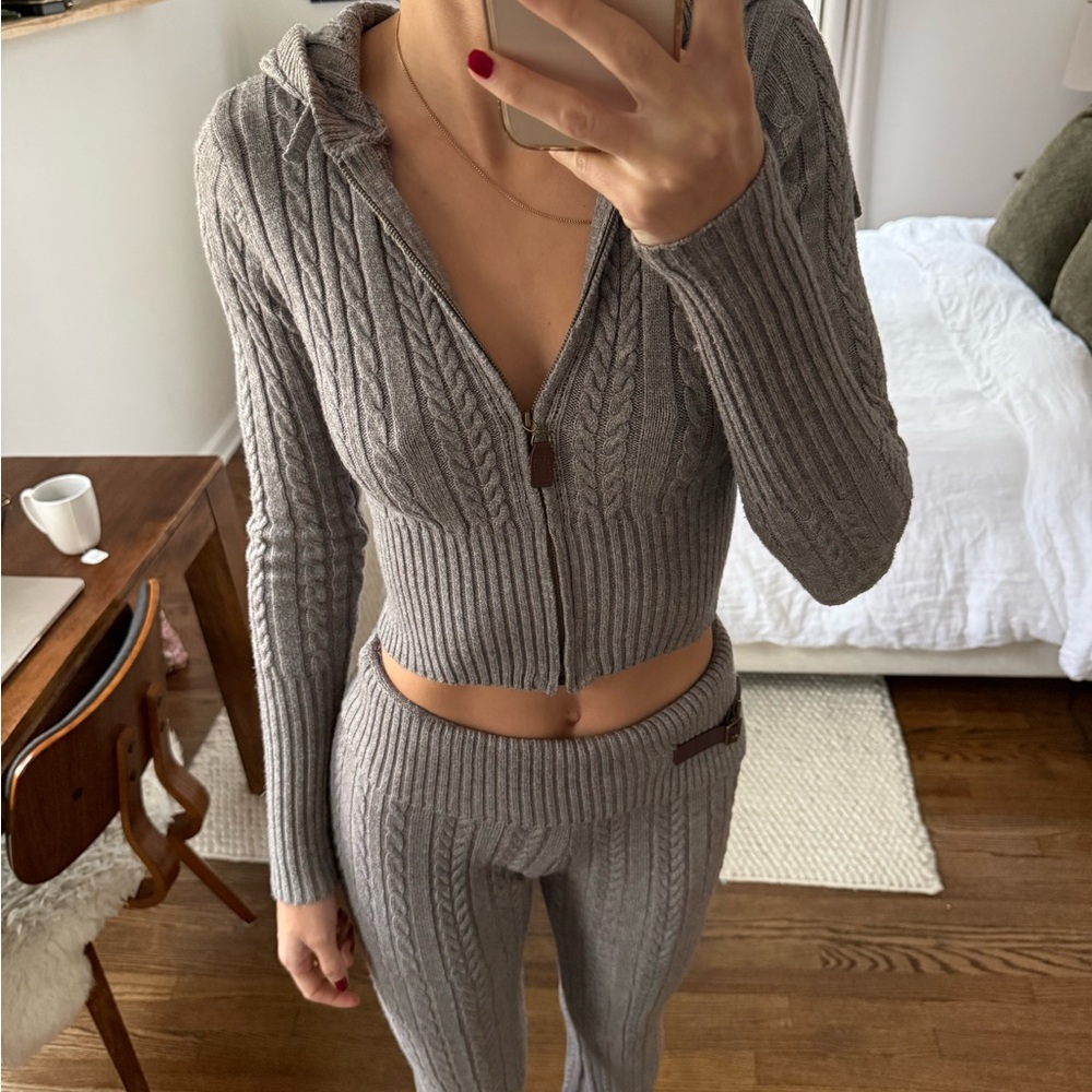 Frankie's Bikinis Gray Cable Knit Zip Hoodie & Matching Pants Set